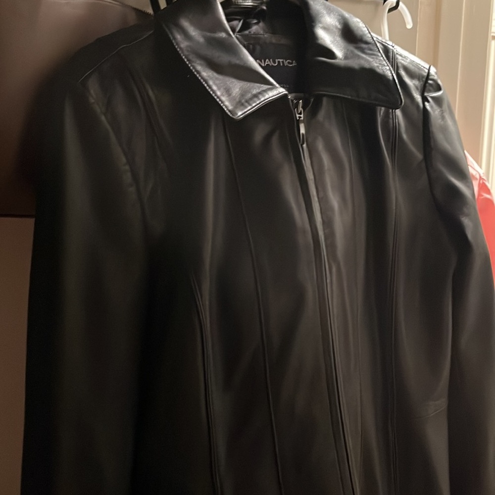 Vintage Nautica Leather Black Jacket zipped up PTP 20” 2 front pockets 25”